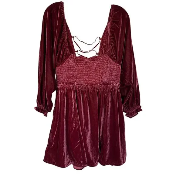 Free People Burgundy Velvet Babydoll Mini Dress w Smocked Bodice Lace Tie Back M - Picture 9 of 11
